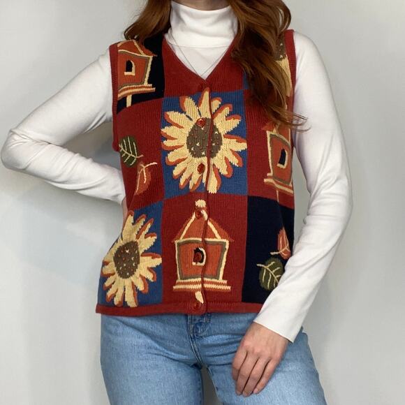 Vintage Y2K Christopher & Banks Medium Sunflower/ Fall Embroidered Sweater Vest - Picture 1 of 11